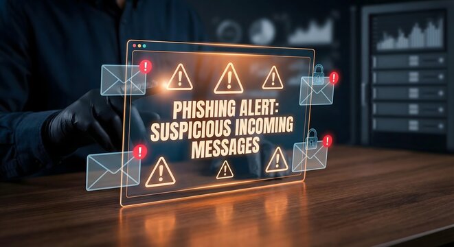 Cybersecurity threat: phishing alert warning with suspicious emails and data protection concept.