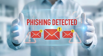 Cybersecurity concept: hands displaying phishing detection alert with warning email icons, digital protection.