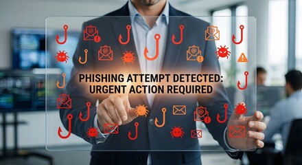 Cybersecurity concept with businessman displaying phishing attack warning interface and digital threat icons.