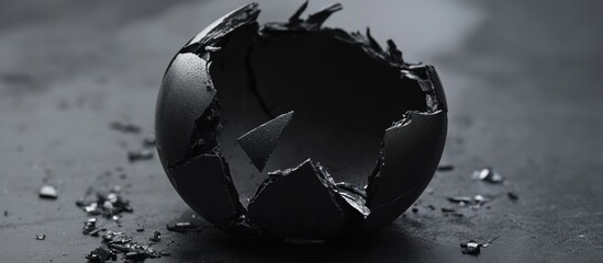 Shattered sphere on dark surface; abstract destruction concept