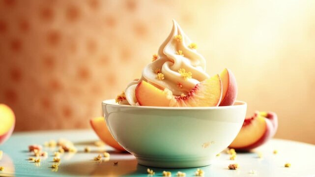 Peach soft ice cream dessert in warm golden light