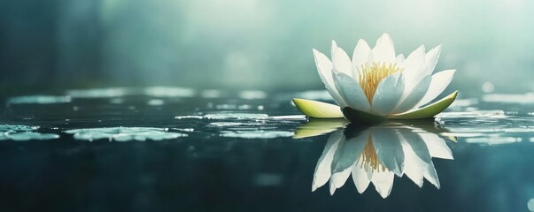Serene white water lily floats on calm pond, misty forest background. Spa, peace