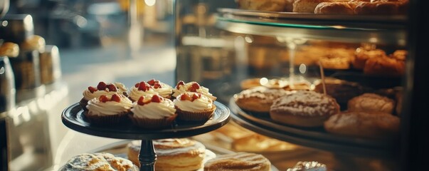 Sweet treats in bakery window display. City street background. Food photography