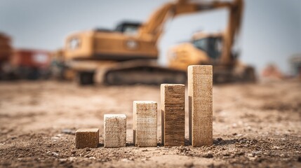 Rising wood blocks arranged as a graph on a construction site, showing growth and progress. Yellow construction vehicle in the background of the image.