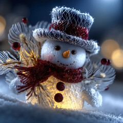 Cute glowing snowman wearing a top hat and scarf in fresh snow with warm bokeh lights for a cheerful holiday season concept and winter magic