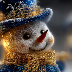 Festive wire mesh snowman with sparkling golden details and blue hat smiling against blurred bokeh for winter holiday decoration concept
