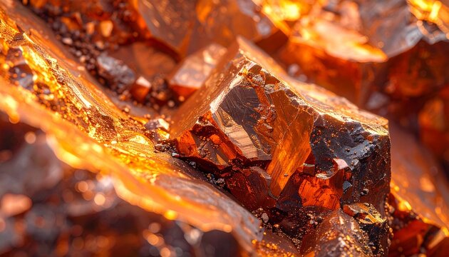 Macro photography of copper ore showing detailed raw mineral texture, representing ore extraction, mining industry, and copper as an essential metal for conductive and industrial materials.