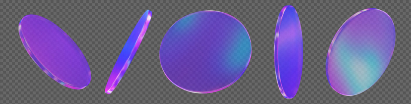 3d glass transparent coin, disk, podium or shape element with different angles. Holographic circle figure. Y2k neon abstract element. Stock vector illustration on isolated background.