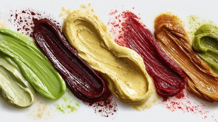Creative colorful smears, artful arrangements of pigmented creams, abstract artful textured blends on a white background create a modern, vibrant visual experience.