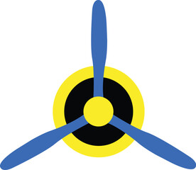 Colorful Three-Bladed Airplane Propeller with Blue Blades and Yellow Hub Isolated on White Background, Aviation Engine Icon and Aerospace Vector Illustration for Aircraft Branding and Design. © Michael