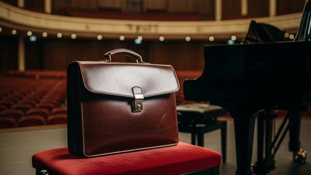 Elegant leather briefcase on piano bench in grand concert hall setting