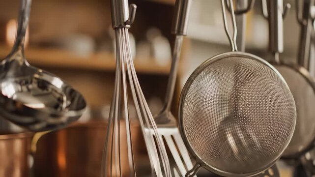 Utensils hang on rack in well-designed kitchen showcasing essential cooking tools. Neat arrangement highlights kitchen equipment. Concept of cooking, culinary arts, food preparation