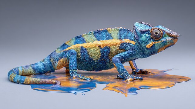 A vibrant chameleon displays remarkable color-changing ability in a studio setting. Its scales show bright hues as it stands on a colorful paint spill, blending with environment.