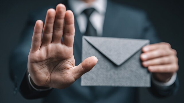 Rejection of Offer: A person in a suit holds out a grey envelope with one hand while holding up the other in a stop gesture, signifying the refusal of a bribe or offer.