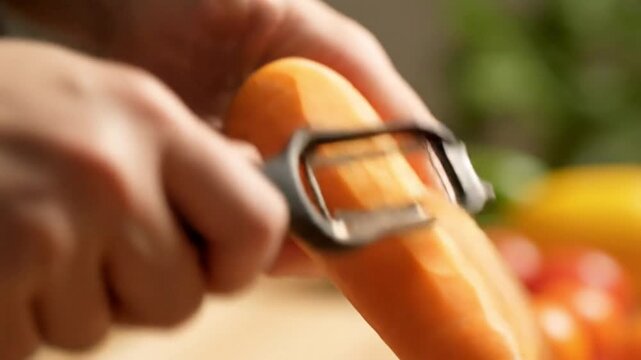 Close-up of hands using a peeler to prepare a fresh carrot for cooking