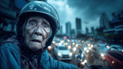 An elderly woman is riding a motorcycle in busy city traffic. The sky shows dark clouds and the lights of many vehicles glow in the evening. The atmosphere is tense.