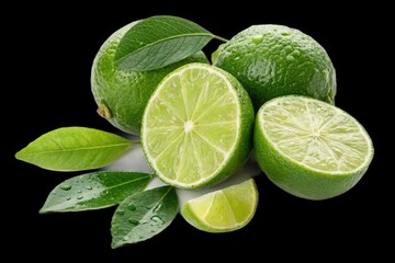 Fresh Limes Cut Into Pieces With Green Leaves on a Dark Background
