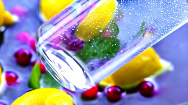 A vibrant arrangement showcasing a refreshing summer lemonade idea with lemons and berries submerged in sparkling water. the focus is on the effervescence and fresh citrus elements, appealing to bever