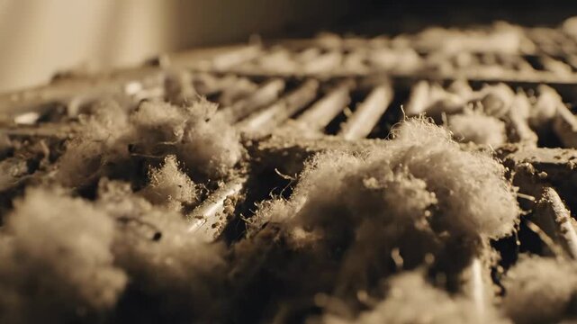 Dust and fibers accumulate on metal vent cover revealing neglect in home cleaning. Close-up focus highlights dirty surface. Concept of home care, cleaning service, maintenance