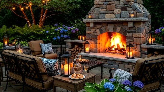 Cozy outdoor patio with stone fireplace and warm lighting creating relaxing evening ambiance seamless looping 4k time-lapse animation video background