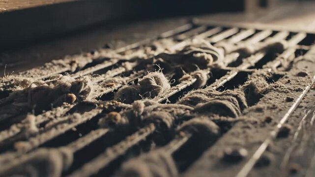 Dust accumulates in air vent indicating lack of cleaning. Home setting with wooden surfaces visible. Concept of cleaning services, home maintenance, HVAC companies