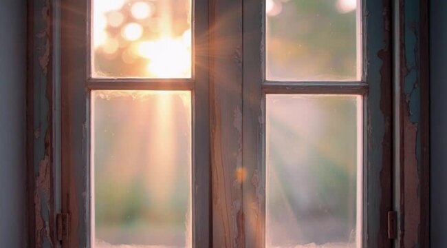 Natural sunlight streaming through vintage wooden window pane  
