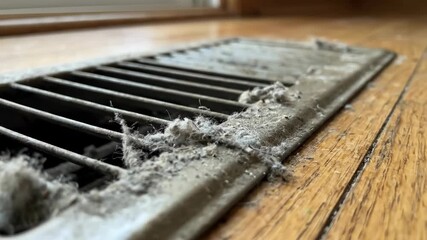 Dust accumulates on vent cover showing need for maintenance. Setting emphasizes importance of clean air in indoor environments. Concept of home cleaning, air quality, HVAC maintenance