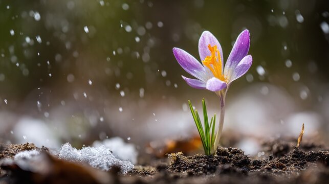 A delicate purple crocus blooms amidst melting snow, symbolizing the resilience of nature's beauty during the transition of seasons, under the soft veil of snowfall.