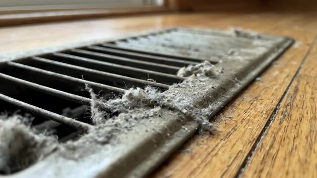 Dust accumulates on vent cover showing need for maintenance. Setting emphasizes importance of clean air in indoor environments. Concept of home cleaning, air quality, HVAC maintenance