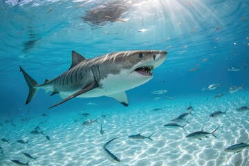 Fototapeta premium Shark Swims in Clear Water Surrounded by Fish and Sunlight Under Ocean Surface