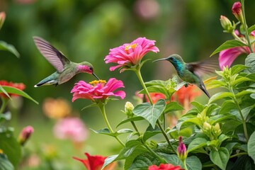 Obraz premium Hummingbirds Gather Around Pink Flowers in a Lush Garden Setting