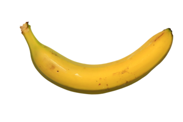 A single ripe banana displayed on a clean white surface