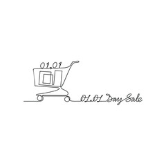Continuous line drawing vector illustration of a Day Sale 01.01. A super sale design presented in a simple, linear, continuous-line style. An online shopping&ndash;themed concept for your design assets.