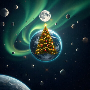 AI Cosmic New Year. Festive Earth in space with glowing city lights, Christmas tree, aurora borealis, planets, full Moon, celebrating winter holidays in a bright, cosmic scene.