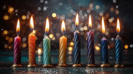 A vibrant arrangement of eight lit candles, each a unique hue, casts a warm glow against a bokeh-lit backdrop, embodying the spirit of celebration and remembrance.