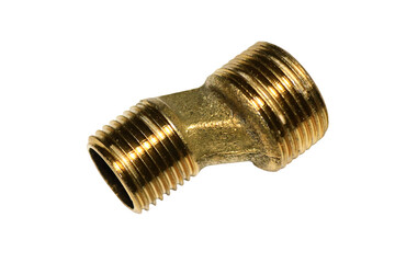 A close-up shot of a brass pipe on a plain white background