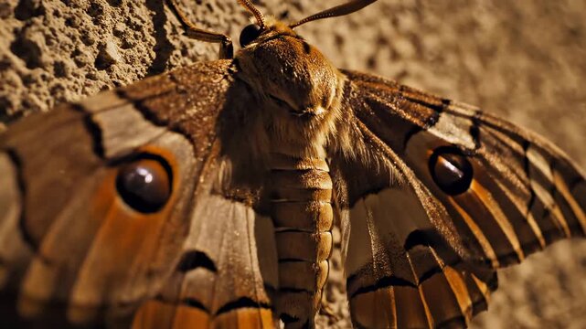Large moth clings to textured wall with clear focus on detailed wing patterns. Nighttime setting with soft ambient light. Concept of nature observation, wildlife photography, insect studies
