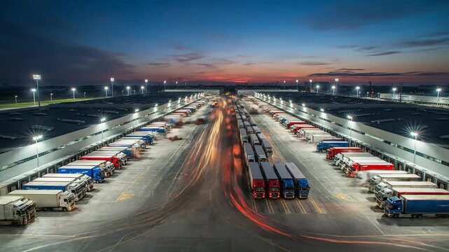 Expansive Logistics Hub Bustles with Truck Activity Under Dramatic Sunset and Twilight Skies