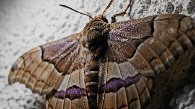 Moth rests on wall illuminated by light. Clear texture and patterns on wings stand out in low light setting. Concept of nature, wildlife photography, insect studies