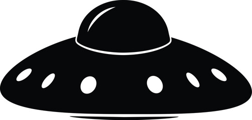 Black UFO flying saucer silhouette vector illustration isolated on white background. Solid alien spacecraft icon for sci-fi, paranormal mystery, space exploration, and outer space design themes. © Michael