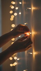 hands arranging warm christmas fairy lights