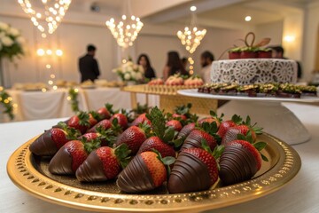 Guests Enjoy Chocolate Dipped Strawberries at a Festive Gathering