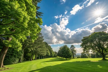 Fototapeta premium Bright Sun Shines Over Green Landscape With Trees and Clouds in the Sky