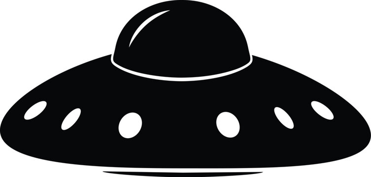 Black UFO flying saucer silhouette vector illustration isolated on white background. Solid alien spacecraft icon for sci-fi, paranormal mystery, space exploration, and outer space design themes.