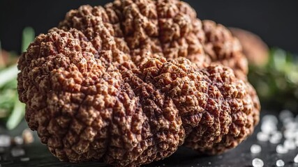 Exquisite and rare black truffle a gourmet delicacy showcased in a closeup shot with aromatic herbs and sea salt highlighting its unique earthy texture and luxurious culinary appeal for fine dining e.