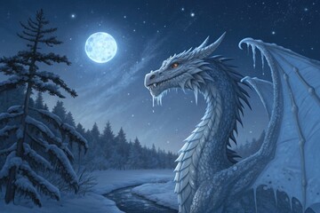 Winter Scene With a Dragon Near a River Under a Full Moon
