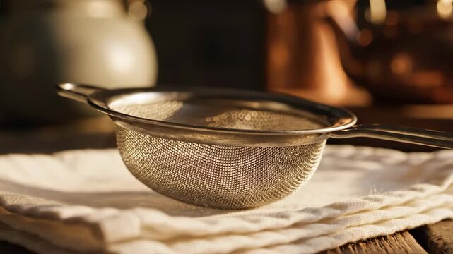 Metal strainer resting on white cloth with copper cookware in background. Kitchen setting with wooden table. Concept of cooking, food preparation, culinary arts