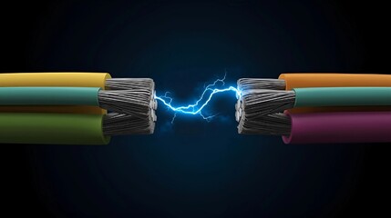 An image showing two sets of multi-colored insulated wires facing each other against a dark background, with a bright blue electric spark jumping between the exposed copper ends.