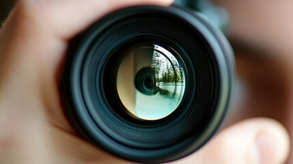 Close-up lens reflecting park scene; photography, outdoor