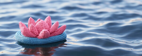 Pink crocheted lotus flower afloat on calm water. Serene nature scene, ideal for meditation, relaxation, or spa themes